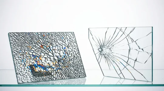 Vue microscopique montrant les contraintes internes de compression et tension dans un verre trempé