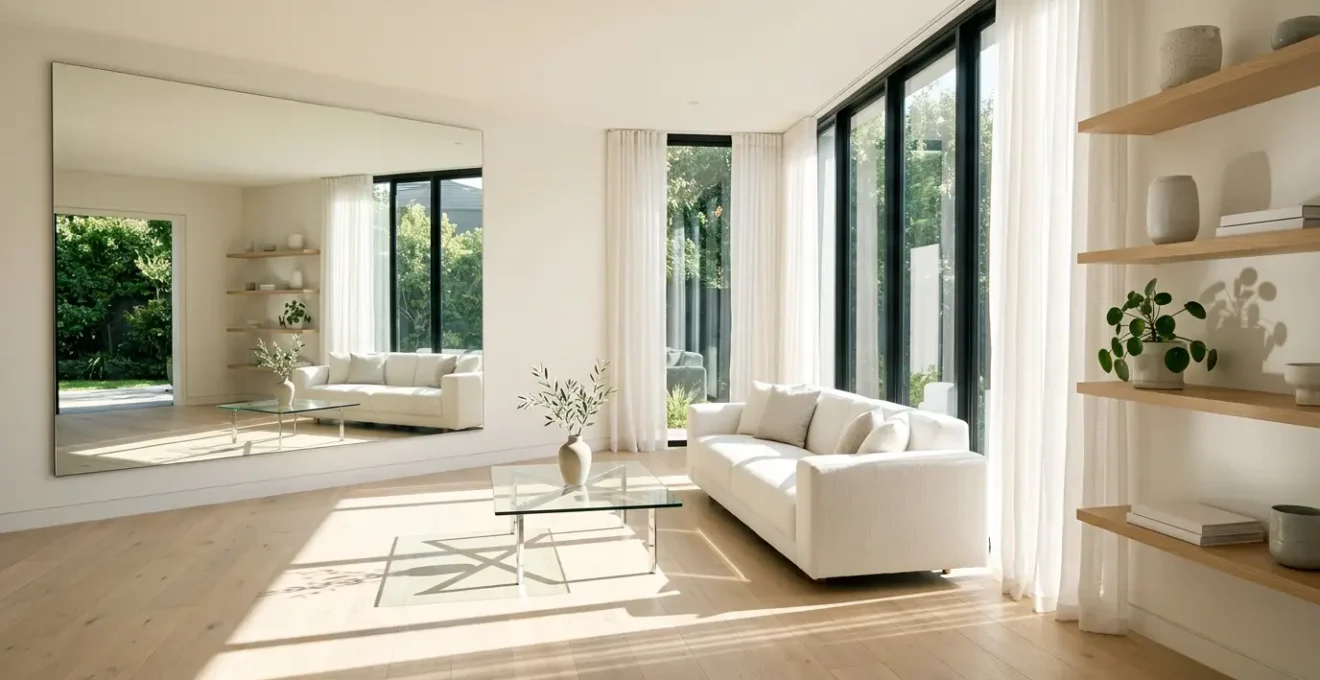 Salon moderne baigné de lumière naturelle avec grandes fenêtres et surfaces réfléchissantes