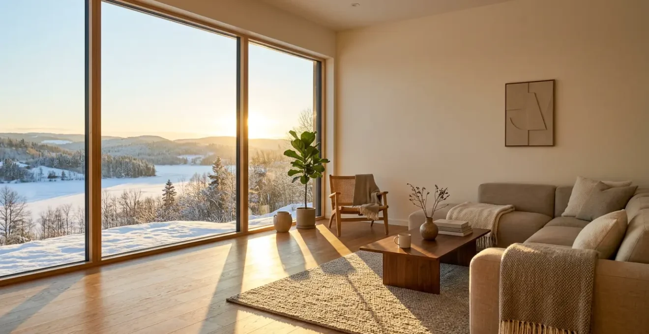 Salon moderne baigné de lumière naturelle en hiver à travers une grande baie vitrée orientée sud
