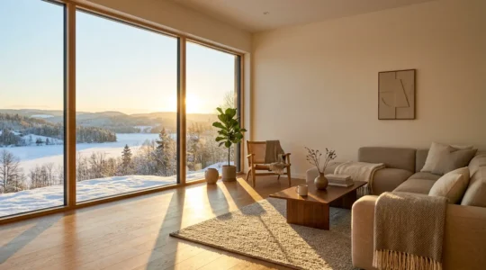 Salon moderne baigné de lumière naturelle en hiver à travers une grande baie vitrée orientée sud