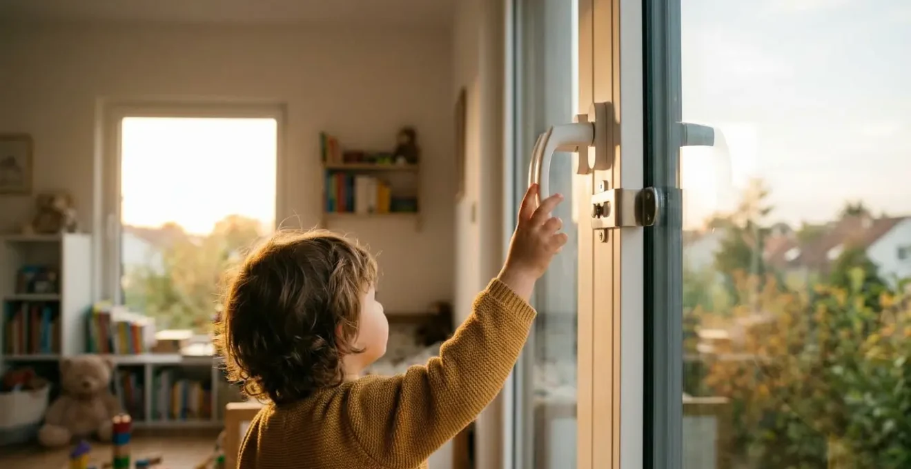 Vue rapprochée d'une main d'enfant près du mécanisme sécurisé d'une fenêtre oscillo-battante