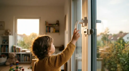 Vue rapprochée d'une main d'enfant près du mécanisme sécurisé d'une fenêtre oscillo-battante