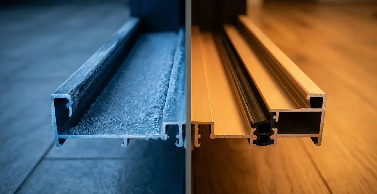 Vue en coupe d'un seuil aluminium avec barrette de rupture de pont thermique