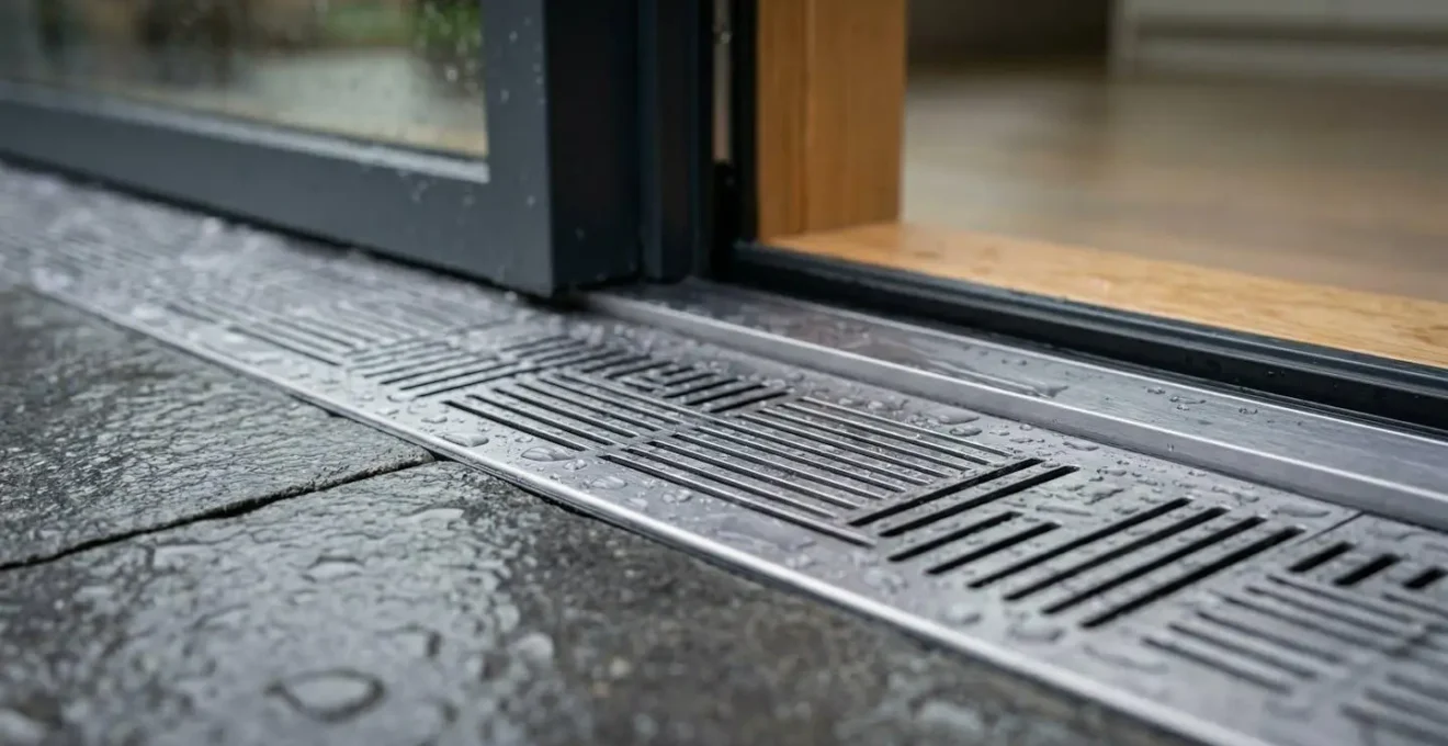 Coupe technique d'un seuil encastré avec système de drainage pour porte-fenêtre
