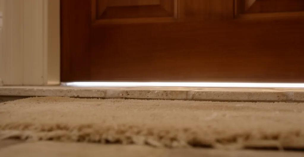 Seuil de porte d'entrée montrant un défaut d'ajustement avec lumière visible en dessous