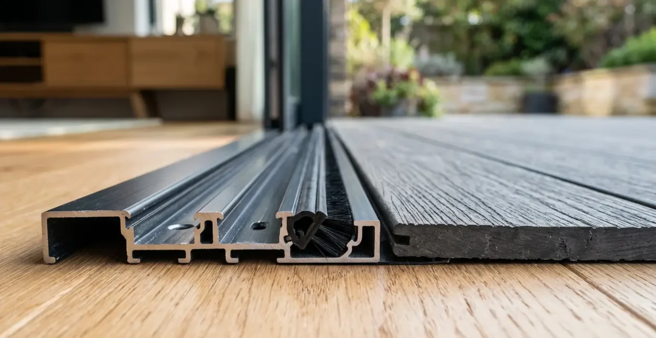 Vue détaillée d'un seuil de porte-fenêtre PMR de moins de 20mm intégré dans un sol carrelé, montrant la continuité parfaite entre intérieur et terrasse