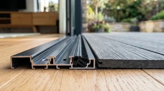 Vue détaillée d'un seuil de porte-fenêtre PMR de moins de 20mm intégré dans un sol carrelé, montrant la continuité parfaite entre intérieur et terrasse