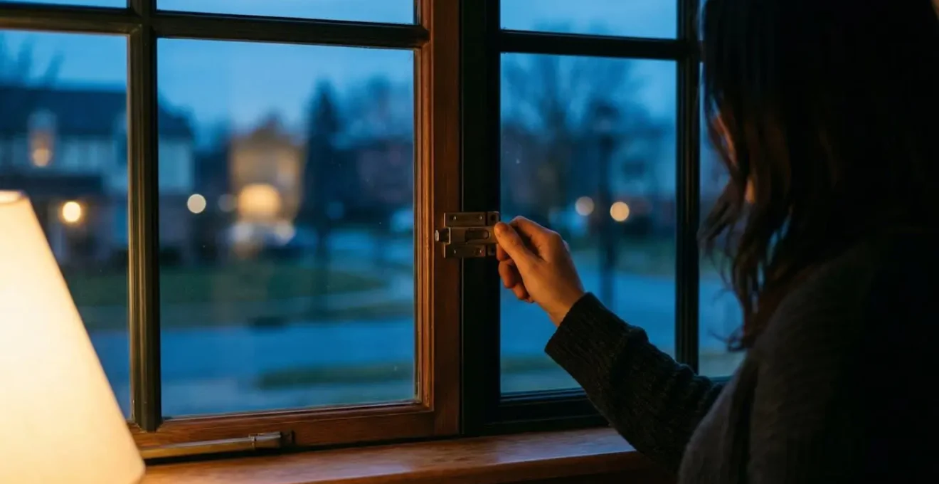 Détail d'un système de sécurité moderne sur une fenêtre avec éclairage nocturne