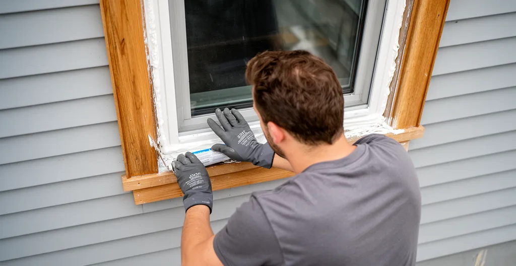 Technicien calfeutrage appliquant scellant sur cadre fenêtre extérieur