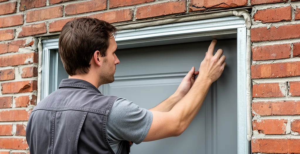 Technicien inspectant le calfeutrage extérieur autour du cadre d'une porte d'entrée au Québec