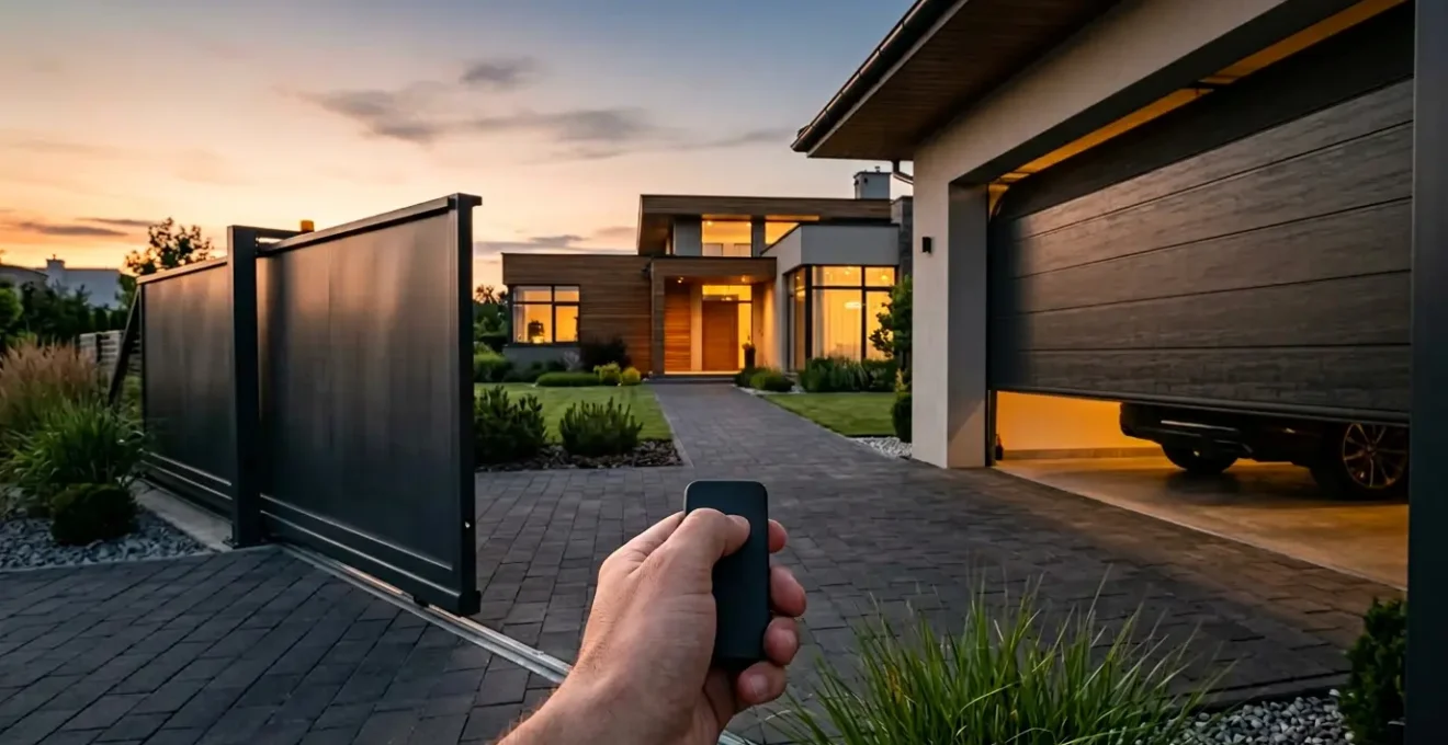 Main tenant une télécommande moderne face à un portail automatique et une porte de garage simultanément ouverts dans une propriété résidentielle contemporaine