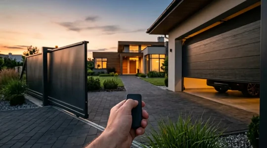 Main tenant une télécommande moderne face à un portail automatique et une porte de garage simultanément ouverts dans une propriété résidentielle contemporaine