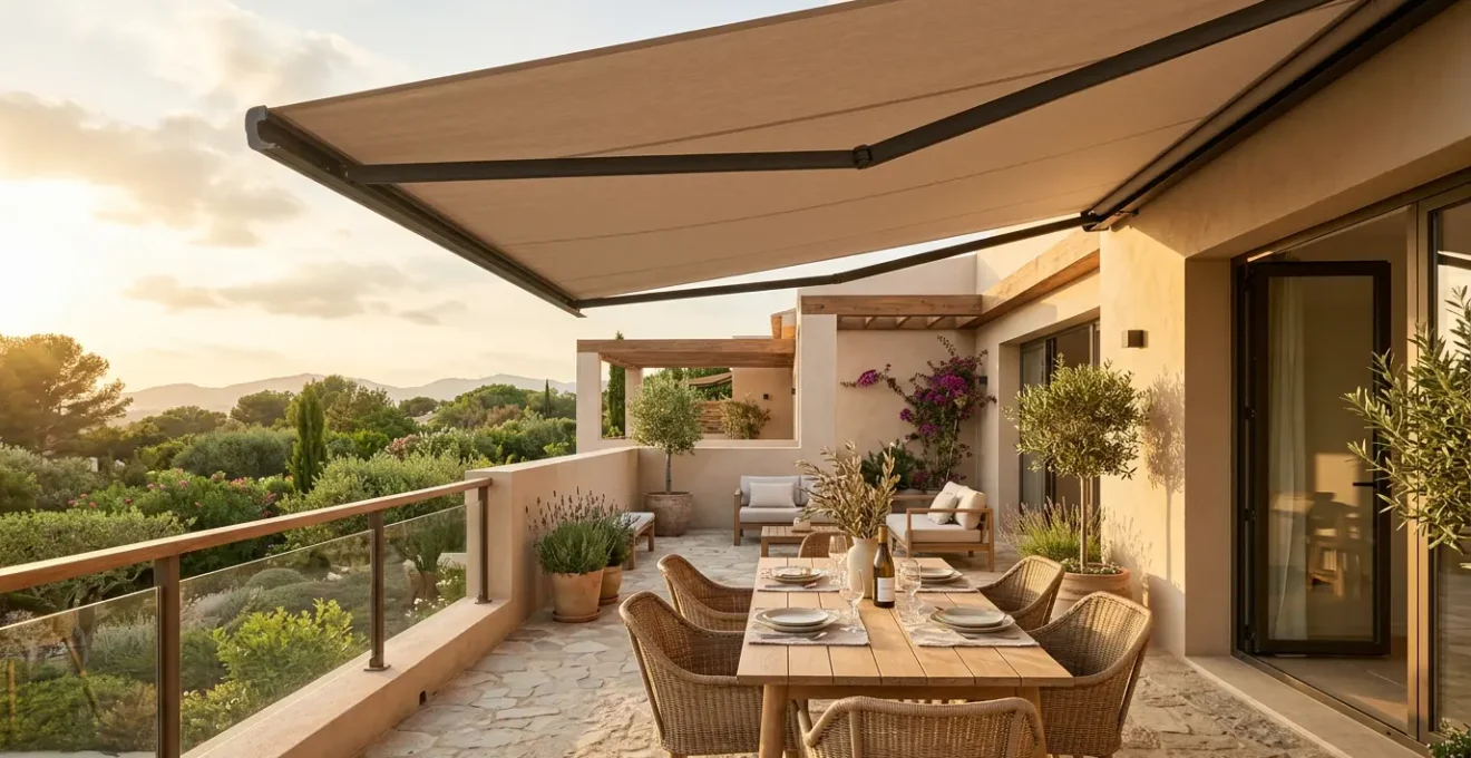 Terrasse moderne équipée d'un store banne déployé offrant de l'ombre sous le soleil d'été