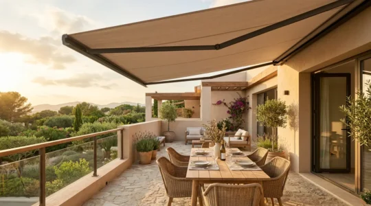 Terrasse moderne équipée d'un store banne déployé offrant de l'ombre sous le soleil d'été