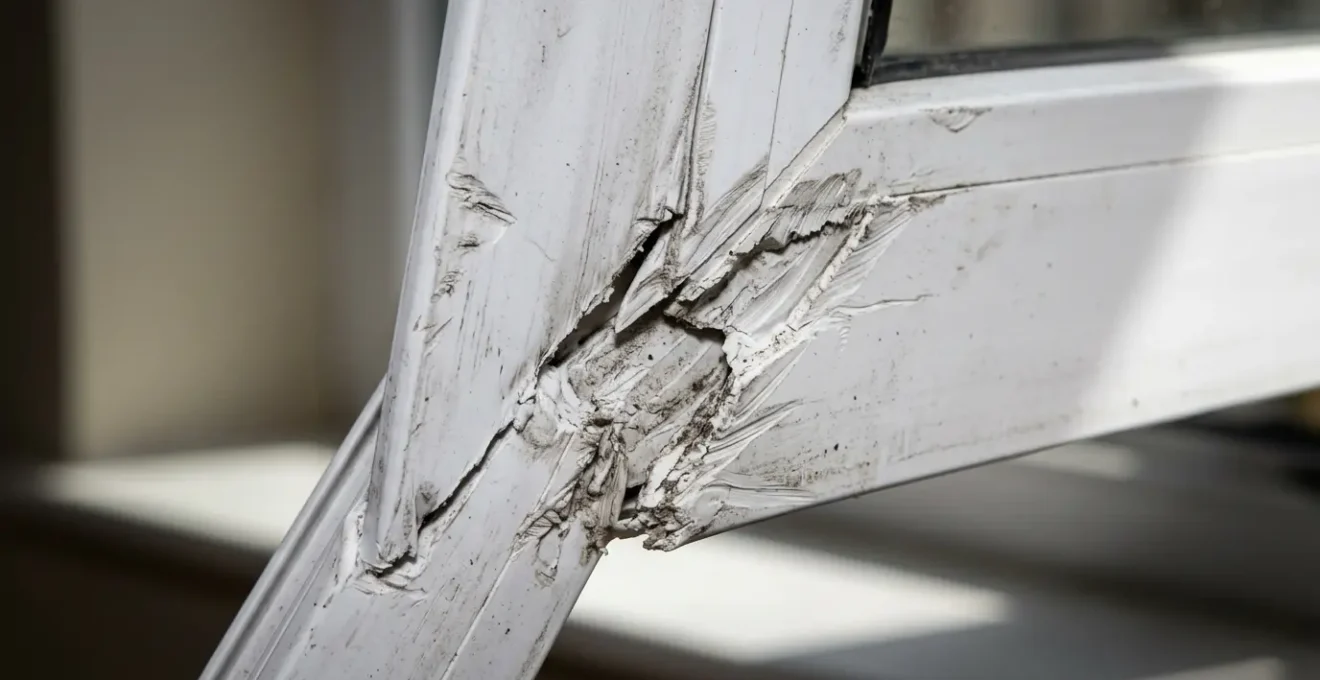 Traces d'effraction sur une fenêtre PVC avec marques de pied-de-biche visibles sur le cadre