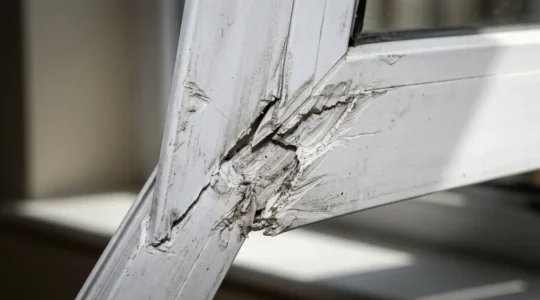 Traces d'effraction sur une fenêtre PVC avec marques de pied-de-biche visibles sur le cadre