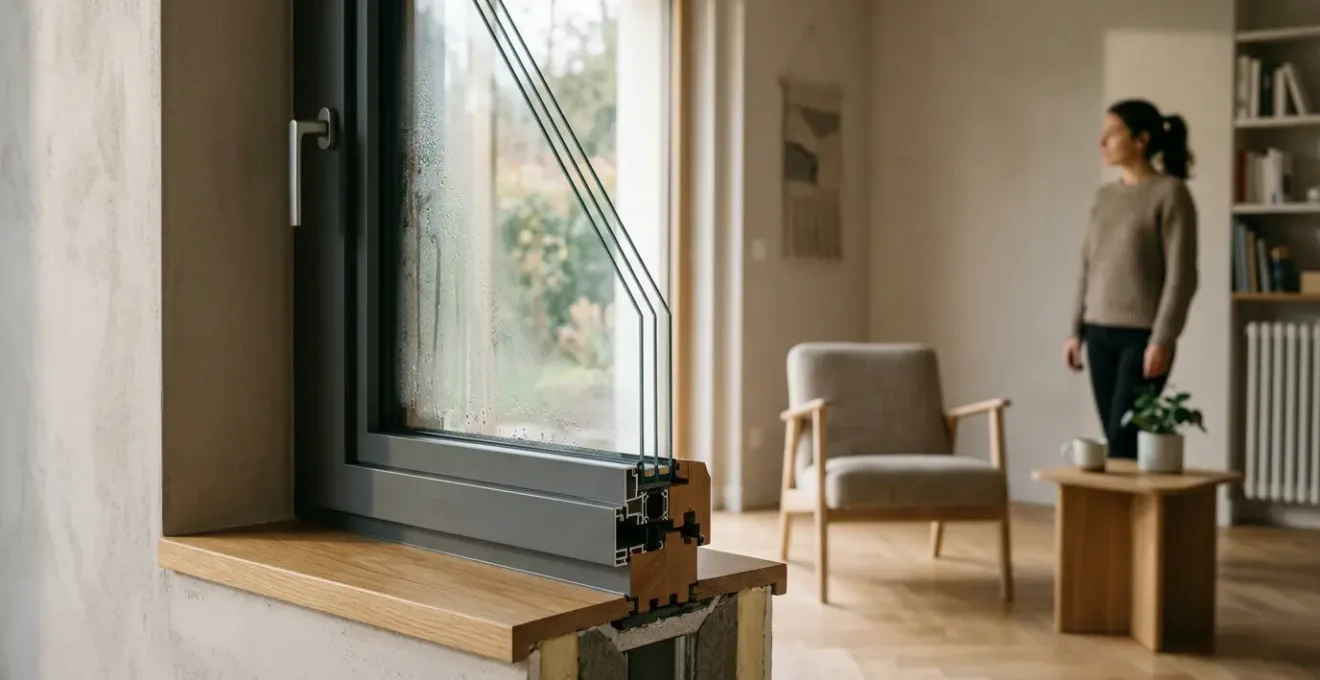 Vue détaillée d'une fenêtre moderne avec triple vitrage dans un intérieur français contemporain montrant les trois couches de verre et les aspects techniques