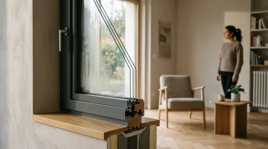 Vue détaillée d'une fenêtre moderne avec triple vitrage dans un intérieur français contemporain montrant les trois couches de verre et les aspects techniques