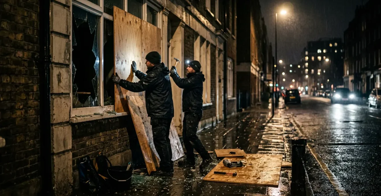 Sécurisation d'une fenêtre brisée avec des planches de bois en pleine nuit pour protéger un domicile
