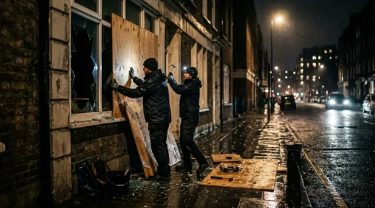 Sécurisation d'une fenêtre brisée avec des planches de bois en pleine nuit pour protéger un domicile