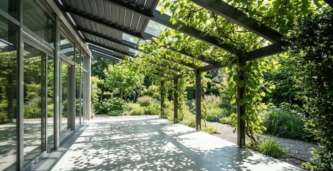 Véranda contemporaine avec pergola végétalisée et brise-soleil orientables
