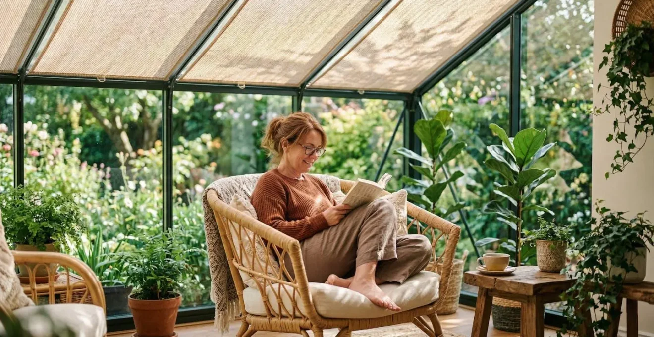Véranda moderne équipée d'un store de toiture filtrant la lumière naturelle