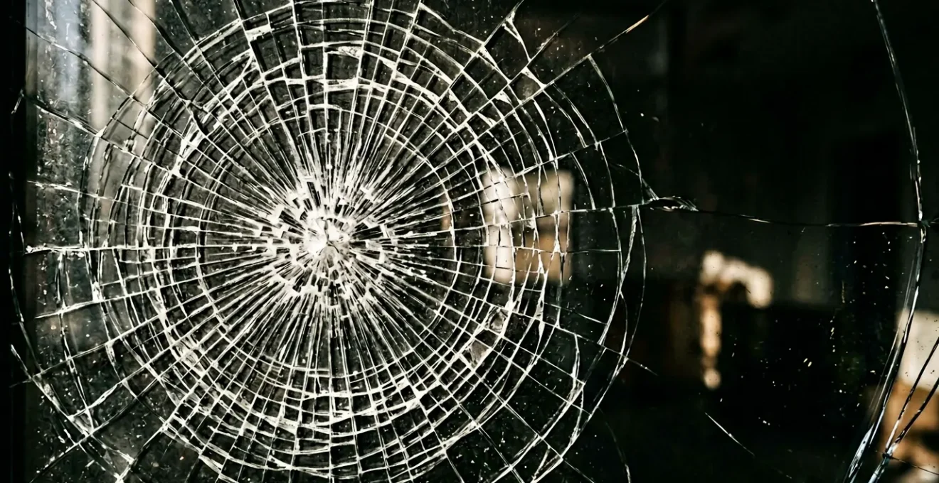 Vue rapprochée d'un vitrage feuilleté montrant les multiples couches de verre avec un impact en toile d'araignée qui n'a pas traversé le verre