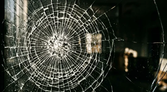 Vue rapprochée d'un vitrage feuilleté montrant les multiples couches de verre avec un impact en toile d'araignée qui n'a pas traversé le verre