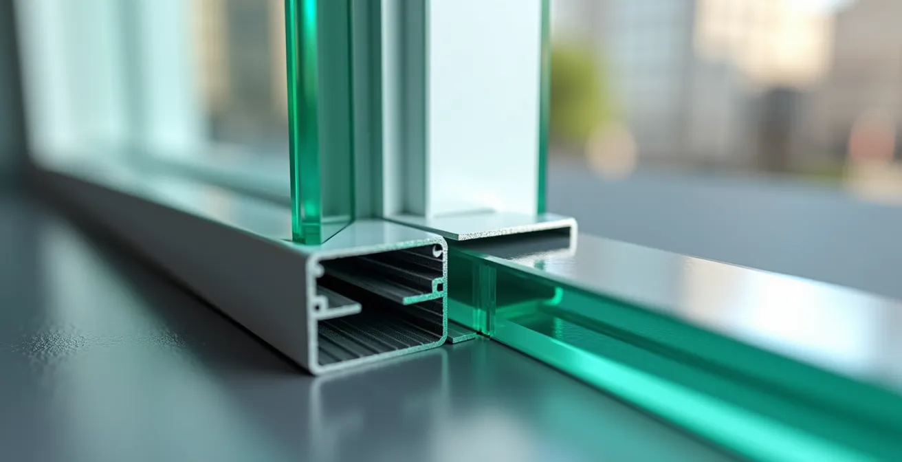 Vue en coupe macro d'un vitrage asymétrique 10-16-4 montrant la différence d'épaisseur des verres