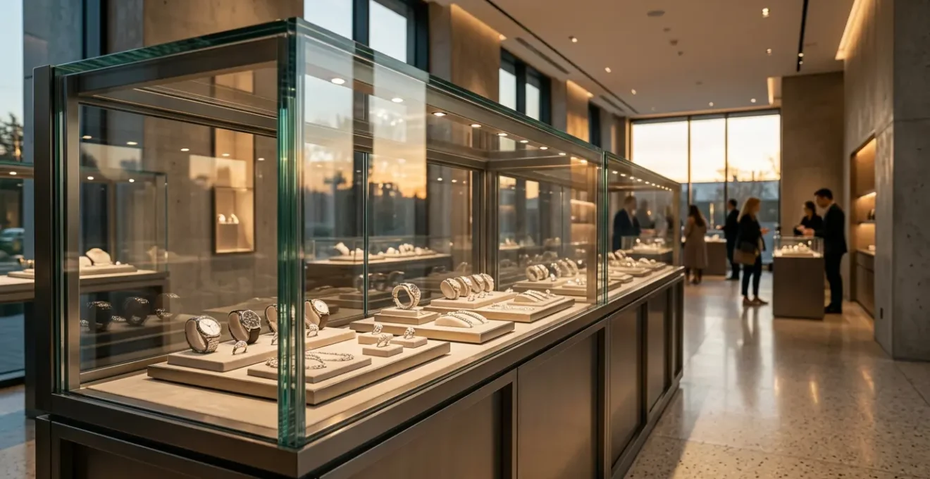 Vitrine de bijouterie avec vitrage blindé sécurisé montrant des montres de luxe derrière une protection invisible