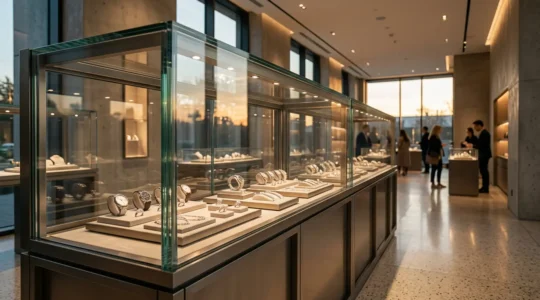 Vitrine de bijouterie avec vitrage blindé sécurisé montrant des montres de luxe derrière une protection invisible