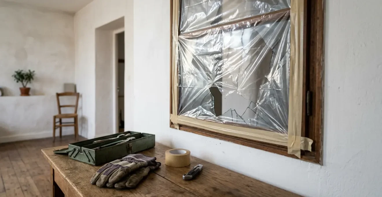 Protection temporaire d'une fenêtre cassée avec film plastique