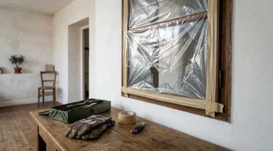 Protection temporaire d'une fenêtre cassée avec film plastique