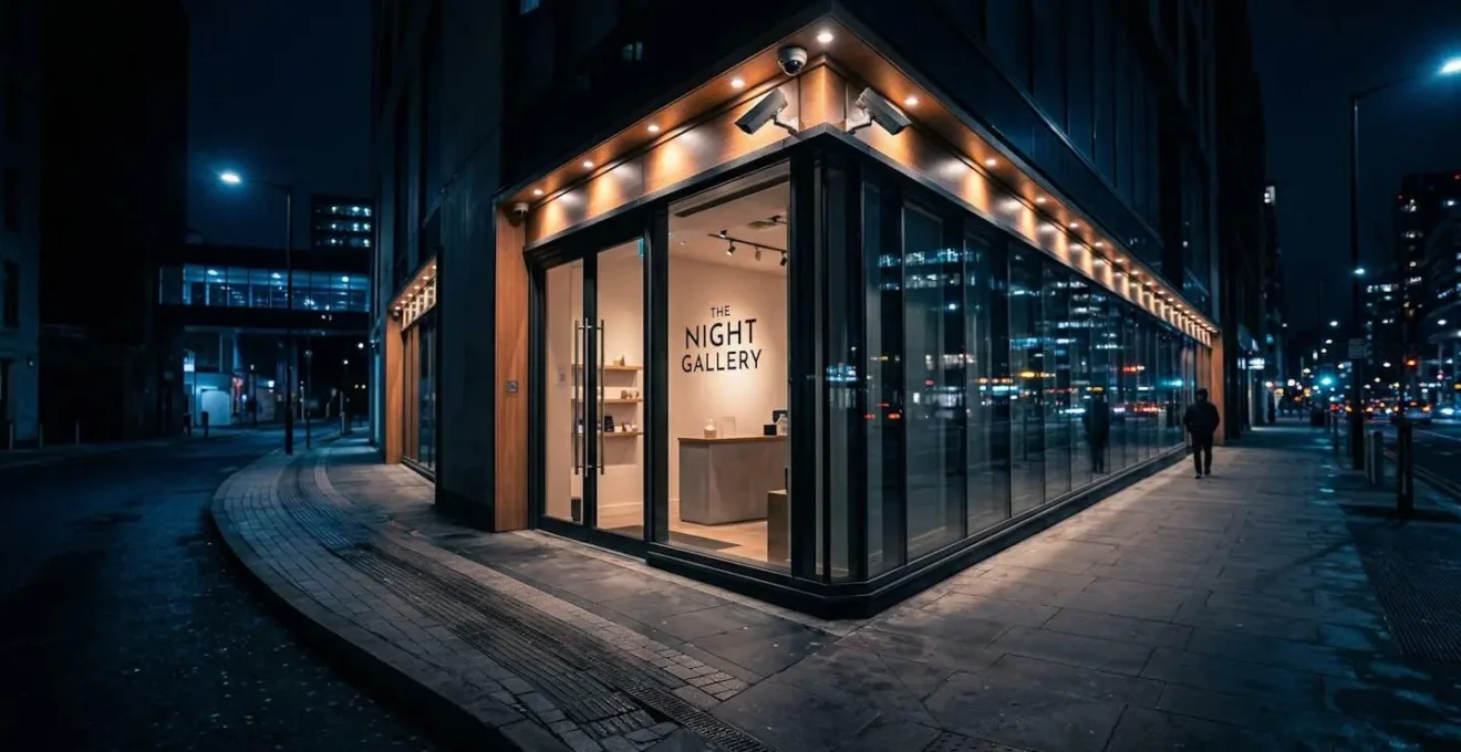 Vitrine commerciale éclairée la nuit avec système de détection de mouvement