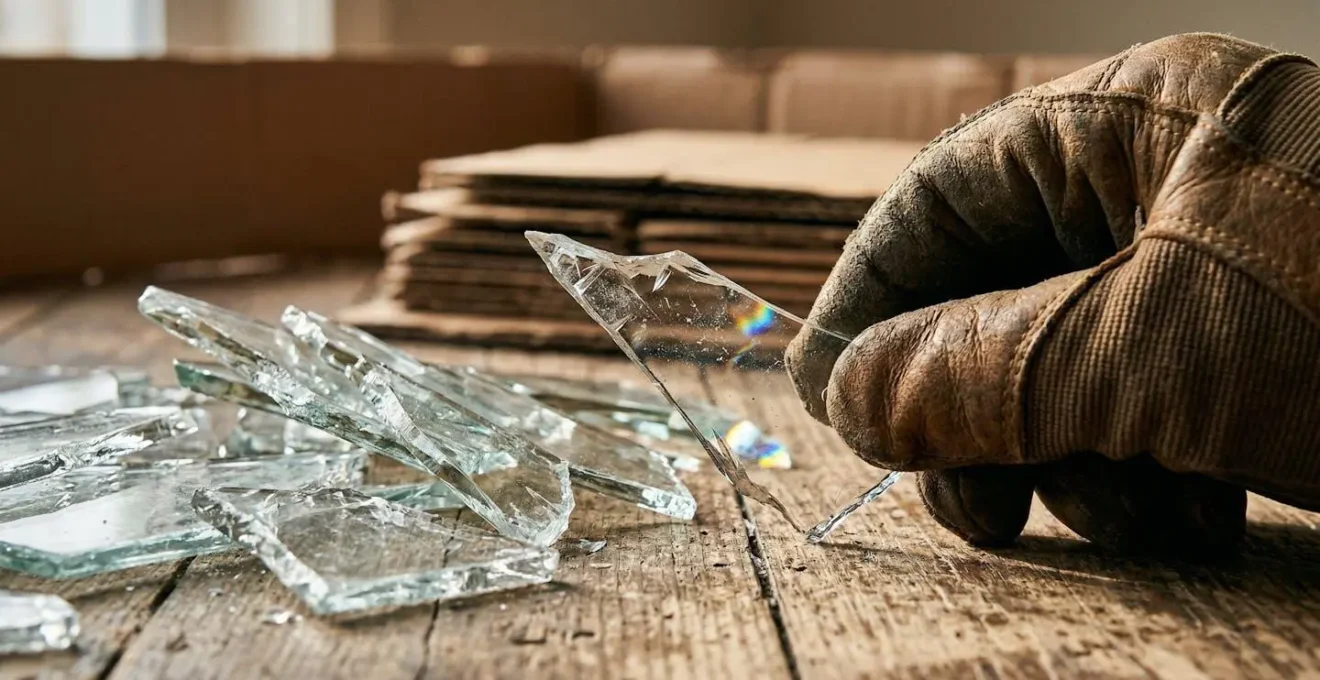 Délimitation d'une zone sécurisée autour de débris de verre pour un ramassage en toute sécurité.