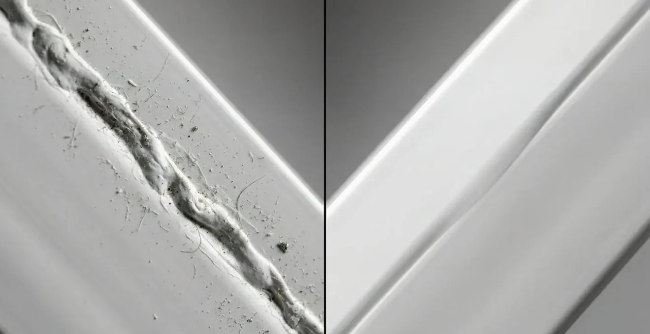 Comparaison détaillée entre un angle avec soudure en V traditionnelle et un angle avec soudure invisible sur menuiserie PVC