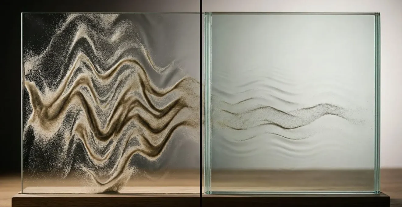 Comparaison visuelle de la propagation des ondes sonores à travers un vitrage standard et un vitrage acoustique, montrant la différence d'absorption
