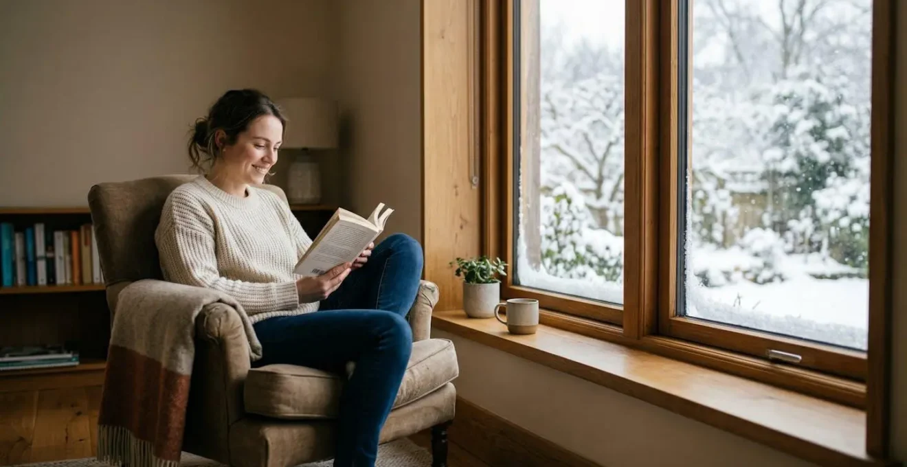 Intérieur chaleureux avec personne assise confortablement près d'une fenêtre triple vitrage en hiver