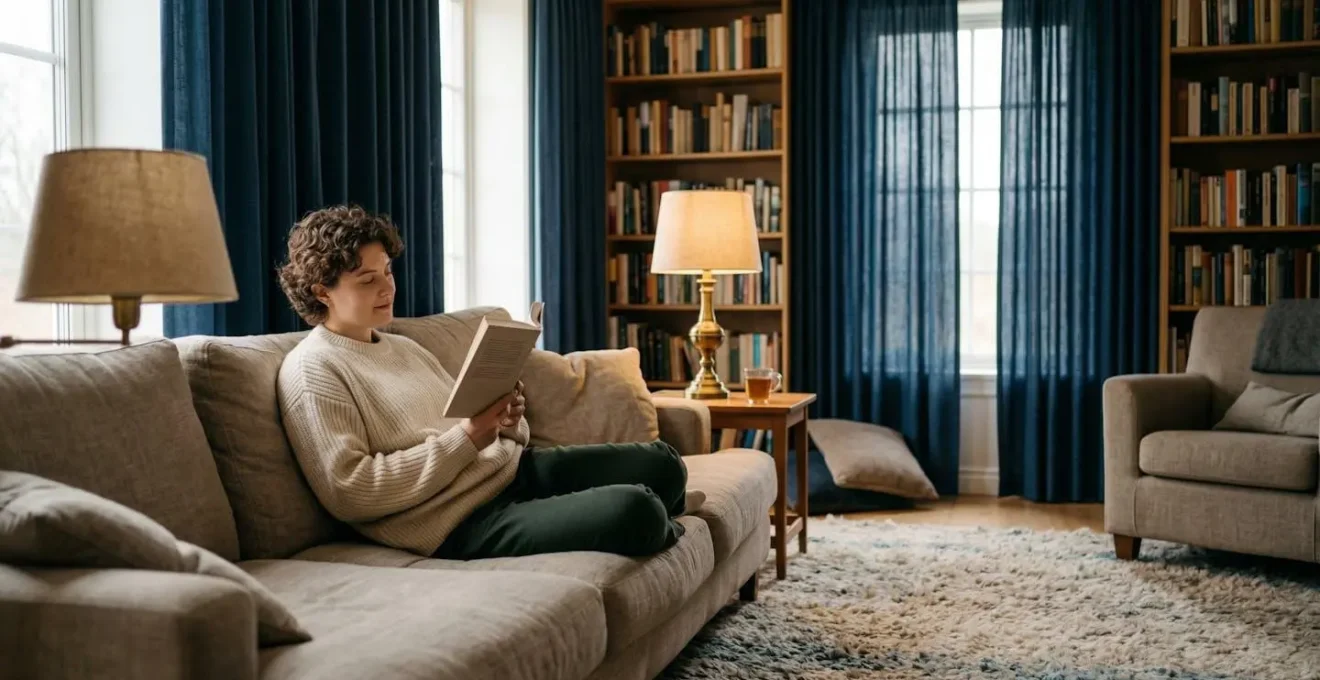 Salon avec éléments d'absorption acoustique : rideaux épais, tapis moelleux, bibliothèque garnie et mobilier en tissu