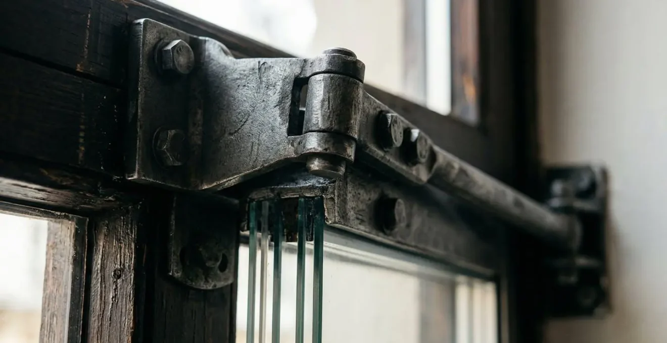 Gros plan sur les ferrures renforcées d'une fenêtre supportant un triple vitrage de 30kg par mètre carré