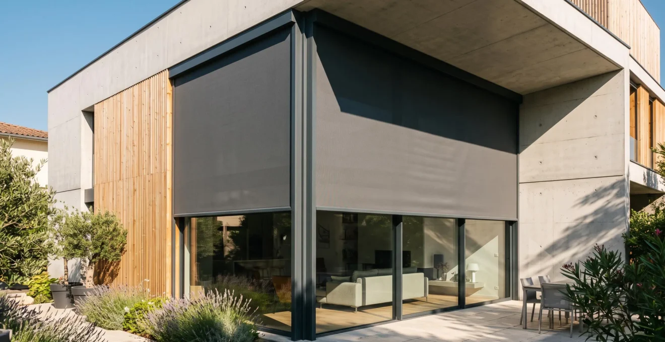 Façade moderne d'immeuble résidentiel avec grande baie vitrée équipée d'un store ZIP extérieur gris anthracite déployé, montrant les coulisses latérales zippées et la toile micro-perforée tendue sous un soleil d'été intense
