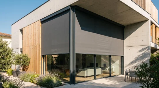 Façade moderne d'immeuble résidentiel avec grande baie vitrée équipée d'un store ZIP extérieur gris anthracite déployé, montrant les coulisses latérales zippées et la toile micro-perforée tendue sous un soleil d'été intense