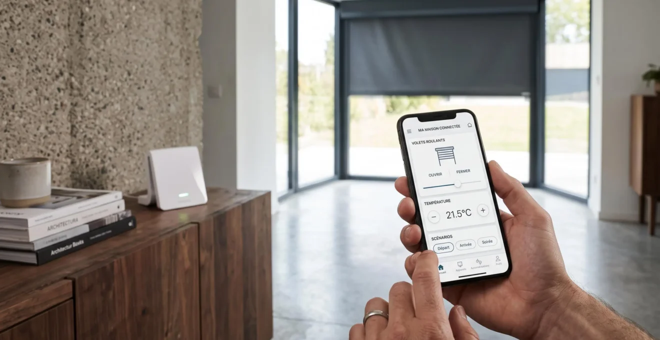 Main tenant un smartphone affichant une interface domotique en français pour piloter un store ZIP, avec box domotique visible sur meuble contemporain en matériaux bruts et baie vitrée en arrière-plan flou