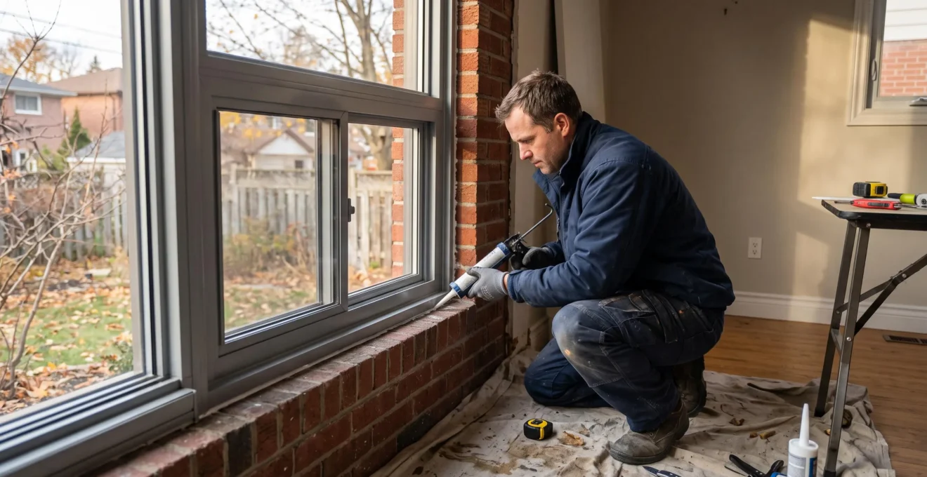 Installateur appliquant un cordon de scellant autour du cadre d'une fenêtre de rénovation dans une maison canadienne.