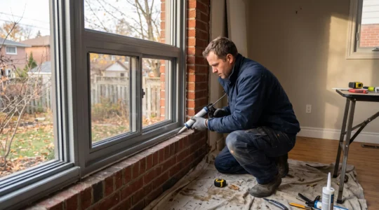 Installateur appliquant un cordon de scellant autour du cadre d'une fenêtre de rénovation dans une maison canadienne.